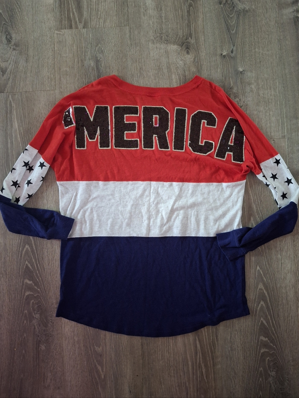 Victoria's Secret Pink 'Merica Sequin Bling Red Blue Varsity Crew Tee Medium